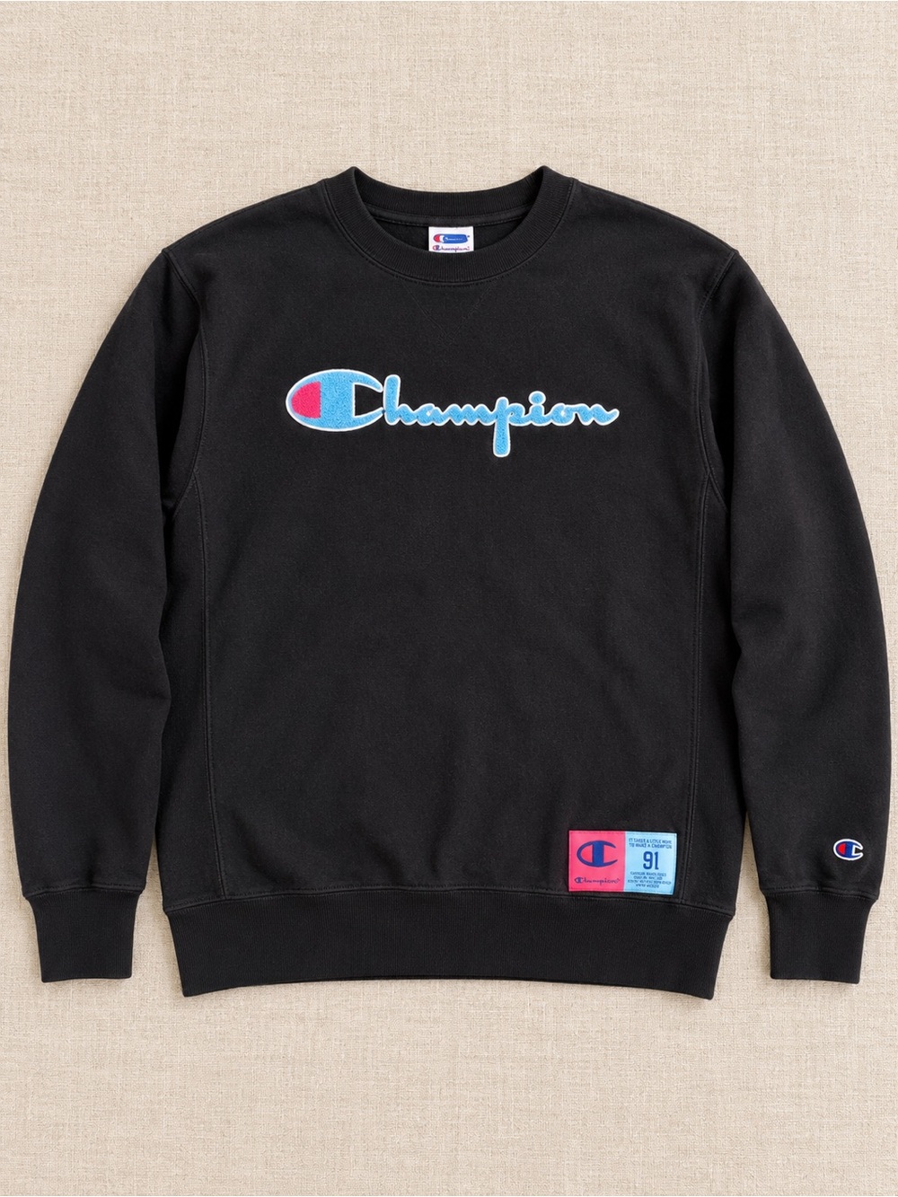 Champion Black Crewneck Sweatshirt with Blue & Pink Logo